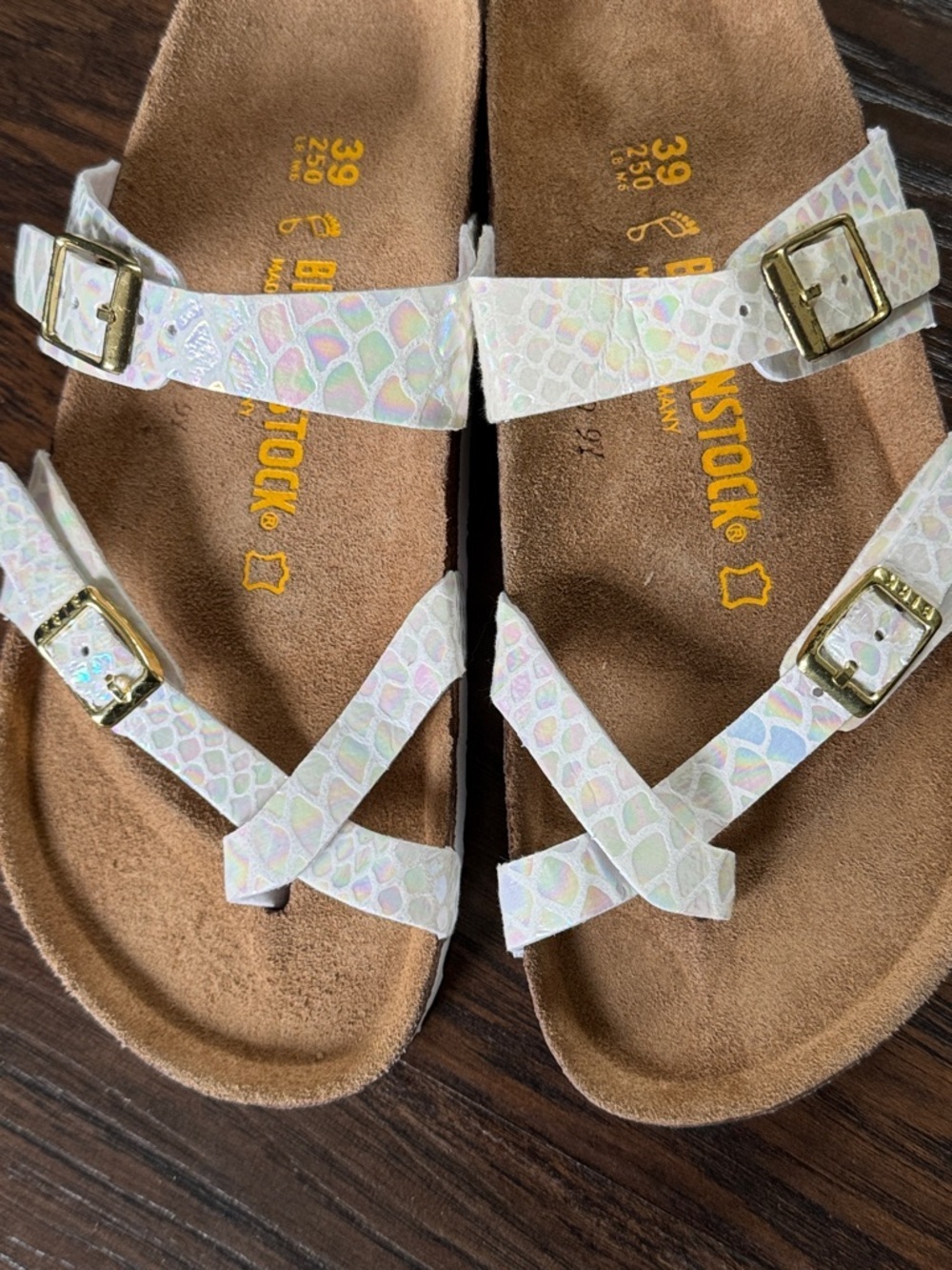 Birkenstock Iridescent White Multi-Print Sandals with Gold Buckles, Like New - Picture 9 of 14